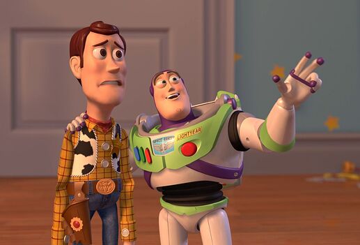 The image shows two animated toy characters, a cowboy and a space ranger, standing side by side with the space ranger gesturing enthusiastically while the cowboy looks on with a concerned expression. (Captioned by AI)