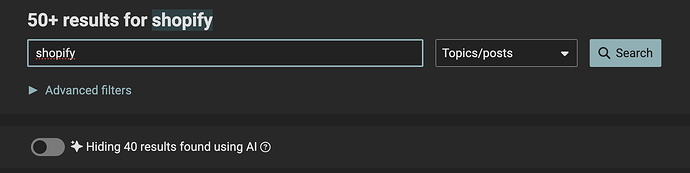 A imagem mostra uma barra de pesquisa com o termo "shopify" digitado, indicando que mais de 50 resultados foram encontrados e o usuário tem a opção de filtrar a pesquisa usando opções avançadas. (Legenda da IA)