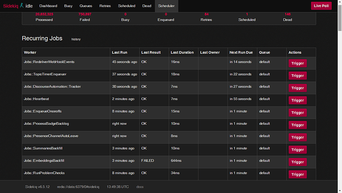 The image is a screenshot of a dashboard displaying various recurring jobs with their last run times, durations, and statuses, along with options to trigger each job. (Captioned by AI)