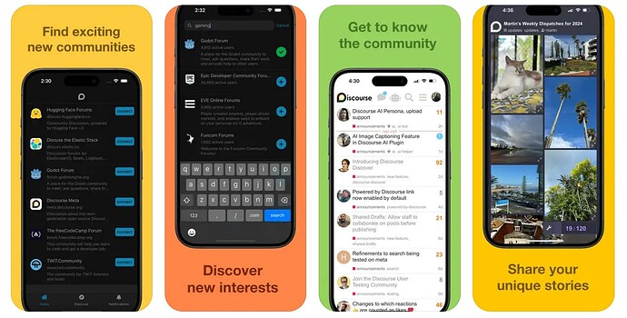 The image showcases a collage of screenshots from a mobile application, highlighting different features such as finding new communities, discovering new interests, getting to know the community, and sharing unique stories. (Captioned by AI)