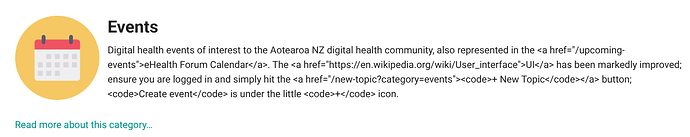 一个网页显示“活动”标题，其中包含日历图标和新西兰 Aotearoa 数字健康社区的数字健康活动的描述。 (由 AI 添加字幕)