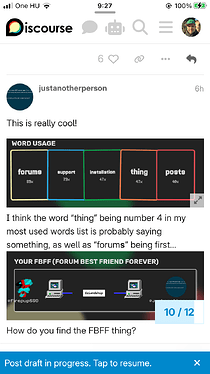 La imagen muestra una captura de pantalla de una publicación de foro móvil en la aplicación Discord discutiendo el uso de las palabras "thing", "forums", "support" e "installation", con un error tipográfico en lifetime "lifetimes" y una pregunta parcialmente escrita sobre cómo encontrar un "feedFF best friend forever". (Subtitulado por IA)