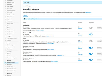 Une capture d'écran du panneau d'administration de Discourse affichant une liste de plugins installés, y compris Automation, Discourse BBCode, Chat, Discourse Footnotes et Discourse Solved, avec leurs versions respectives et leurs statuts activés. (Légendé par l'IA)
