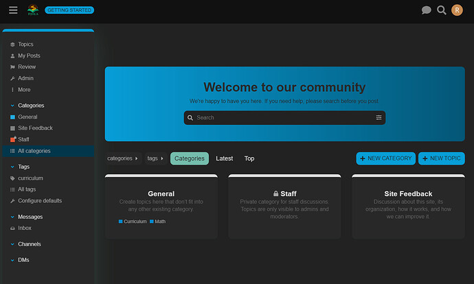 Questo è uno screenshot della dashboard di un sito web, con un messaggio di benvenuto e opzioni per argomenti, categorie e altre attività. (Sottotitolato dall'IA)
