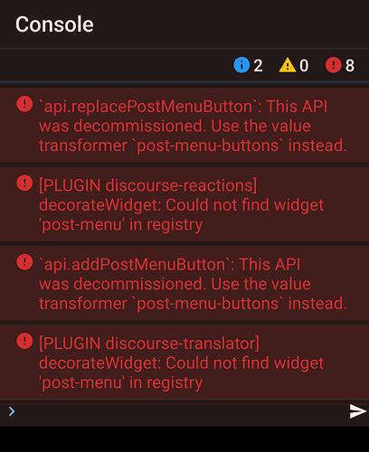 Die Bildschirmanzeige zeigt Fehlermeldungen in einer Konsole, die sich auf APIs und Plugins beziehen, insbesondere auf stillgelegte APIs und ein fehlendes Widget. (Beschriftet von KI)