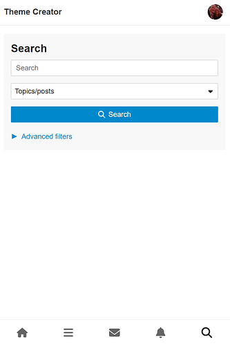 لقطة شاشة لتطبيق Theme Creator تعرض شريط بحث، وخياراً للبحث عن المواضيع أو المشاركات، وزر "بحث". (تم التعليق عليها بواسطة الذكاء الاصطناعي)