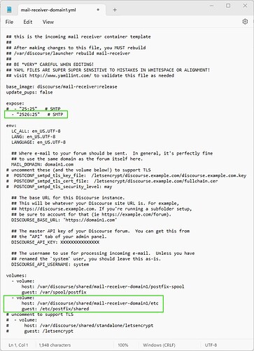 Un'immagine che mostra un file di dati YAML con vari commenti e impostazioni per un modello di container ricevitore di posta. (Didascalia dell'IA)