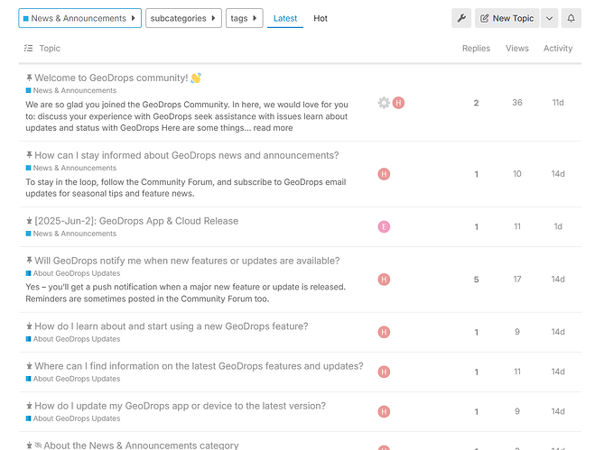 Das Bild ist ein Screenshot eines Community-Forum-Bereichs für GeoDrops, der verschiedene Threads zum Thema informiert bleiben, Updates abonnieren und neue Funktionen und Updates kennenlernen enthält. (Beschriftet von KI)