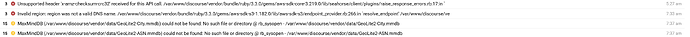 La imagen muestra mensajes de error y advertencias relacionadas con archivos de encabezado faltantes, nombres DNS no compatibles, archivos gem faltantes y problemas de resolución de archivos en un sistema Ruby. (Subtitulado por IA)
