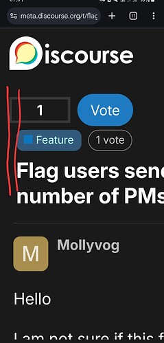 The image is a screenshot of a Discord flagging page with one vote on a suggestion to feature users who send a certain number of PMs. (Captioned by AI)