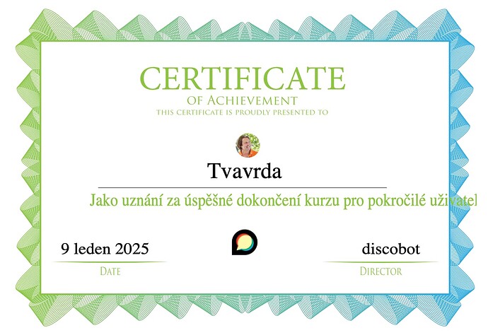 Un certificado con un patrón azul y verde en el borde se otorga a Tvavrda por completar con éxito un curso de usuario avanzado. (Subtitulado por IA)