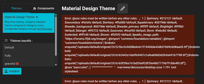 На изображении показан боковой панель темы «Material Design» с сообщениями об ошибках, указывающими на проблемы с правилами стилей в платформе управления контентом или блогинга. (Подписано ИИ)