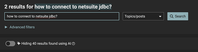 A imagem mostra uma página de resultados de pesquisa com uma consulta para "como se conectar ao netsuite jdbc?" em uma interface de tema escuro. (Legenda da IA)