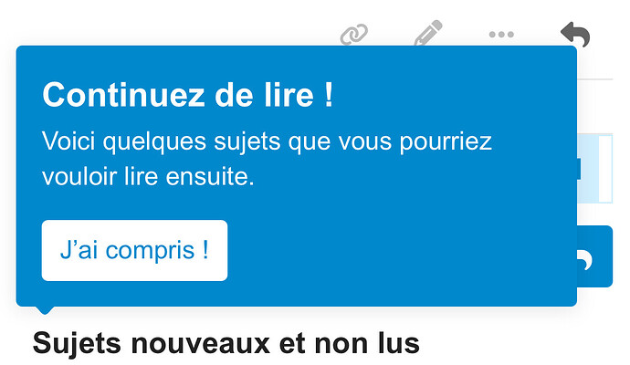 The image displays a notification in French with the message "Continuez de lire! Voici quelques sujets que vous pourriez vouloir lire ensuite." on a blue background. (Captioned by AI)