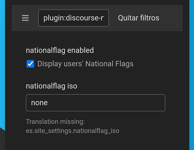 L'immagine mostra la configurazione di un plugin chiamato "discourse-r" che permette di visualizzare le bandiere nazionali degli utenti. C'è un'opzione abilitata per "Display users' National Flags" e un campo di testo vuoto per inserire il codice ISO della bandiera nazionale, con un messaggio che indica che manca la traduzione "es.site_settings.nationalflag_iso" in italiano. (Didascalia dell'IA)