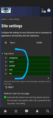 This image shows the site settings page for a Discourse website, detailing options for the top menu categories. (Captioned by AI)