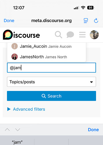 La imagen muestra una captura de pantalla parcial de la interfaz del foro Meta Discourse, con un cuadro de búsqueda que contiene el nombre de usuario "@jam". (Subtitulado por IA)