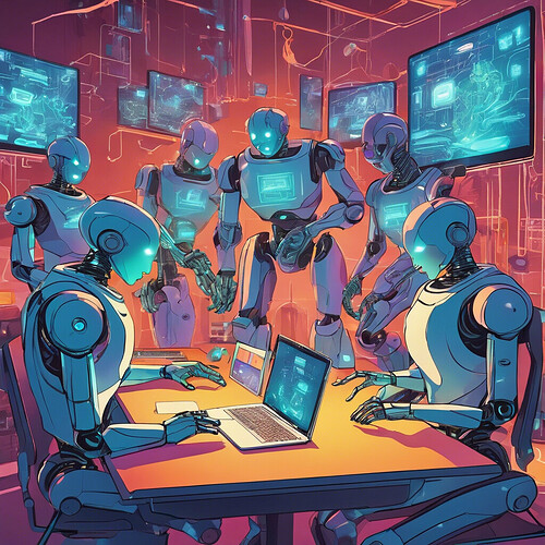فريق من الروبوتات المستقبلية مجتمع حول طاولة مع أجهزة كمبيوتر محمولة وشاشات رقمية في الخلفية، مما يوحي ببيئة عمل تعاونية. (تم وضع تسمية توضيحية بواسطة الذكاء الاصطناعي)
