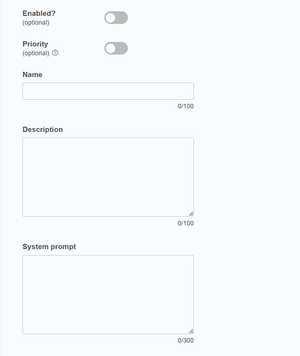 La imagen muestra un conjunto de opciones de configuración opcionales, con interruptores para "¿Habilitado?" y "Prioridad", campos en blanco para "Nombre" y "Descripción" en gris, y un campo más grande etiquetado como "Indicación del sistema" con límites de caracteres. (Subtitulado por IA)