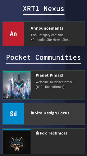 A imagem é uma captura de tela de uma interface do site XRT1 Nexus apresentando uma seção "Notícias do Site" intitulada "Anúncios", uma seção "Comunidades de Bolso" exibindo "Planet Pimax" com uma imagem de paisagem urbana virtual e uma nota de status "Não Confirmado", e seções chamadas "Foco no Design do Site" e "Fox Technical" com ícones respectivos. (Legenda por IA)
