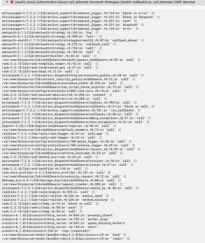 L'image montre une trace de pile d'une application Ruby Rails avec un échec d'authentification causé par la détection CSRF lors d'une session OATH2. (Titre généré par l'IA)