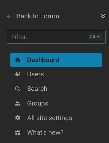 Une interface graphique sombre affichant une barre de navigation latérale avec des options telles que Tableau de bord, Utilisateurs, Recherche, Groupes, Tous les paramètres du site et Quoi de neuf ? (Légendé par l'IA)