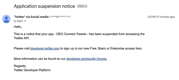 sospensione API Twitter email