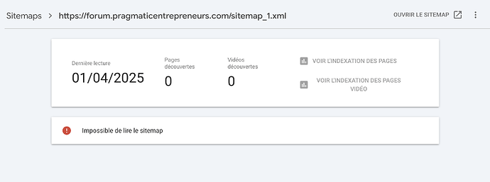 The image shows a screenshot of a sitemap page for https://forum.pragmatic-centrepr.eu/sitemap_1.xml\" with a date of 01/04/2025, indicating zero pages and videos discovered, and an error message stating Impossible de lire le sitemap (Unable to read the sitemap). (Captioned by AI)