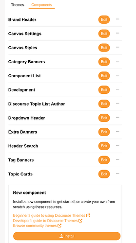 L'image affiche une interface de gestion pour les thèmes Discourse, présentant une liste de composants modifiables et un bouton d'installation avec des liens et des ressources utiles. (Légendé par l'IA)