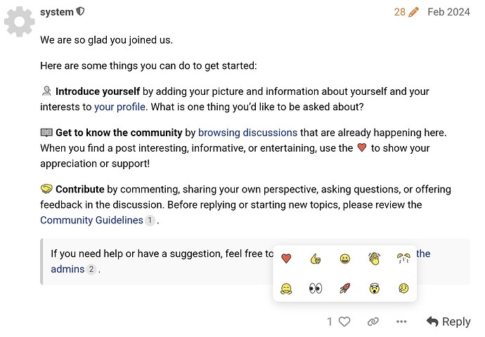 Default Discourse Welcome post containing openmoji emoji and a reaction menu using openmoji