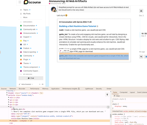 Una captura de pantalla de una página de foro con un hilo de discusión sobre la creación de un juego de tragamonedas usando HTML, CSS y JavaScript. (Subtitulado por IA)