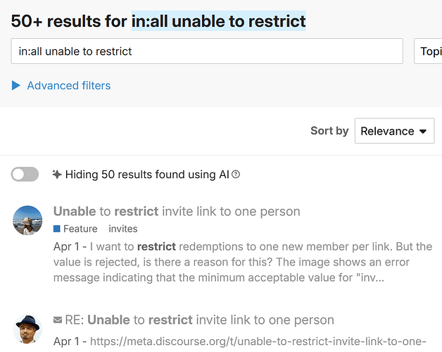 The image is a screenshot of search results for the term "in:all unable to restrict," showing that it found 50+ results and includes a request to understand why restricting an invite link to one person per link is causing an error with a reference to an error message from Meta... (Captioned by AI)