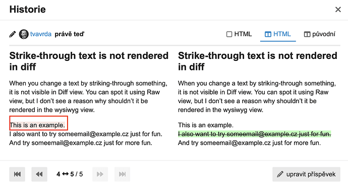 L'immagine mostra un confronto tra testo barrato all'interno di un'interfaccia di editor HTML, evidenziando che la barratura non è visibile nella vista Diff. (Didascalia dell'IA)