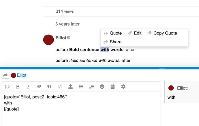 The image shows a forum post by "Elliot," featuring a quote displaying the syntax for bold and italics formatting, alongside buttons for quoting, editing, and copying the text. (Captioned by AI)