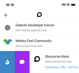 L'immagine mostra l'interfaccia di un dispositivo mobile con tre diverse applicazioni di forum elencate, tra cui OpenAI Developer Forum, Motley Fool Community e Discourse Meta. (Sottotitolato dall'IA)