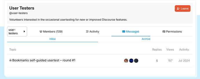 此屏幕截图显示了 Discourse 用户正在测试群组界面，其中包含有关成员、活动以及与自助用户测试相关的主题的信息。（由 AI 标注）