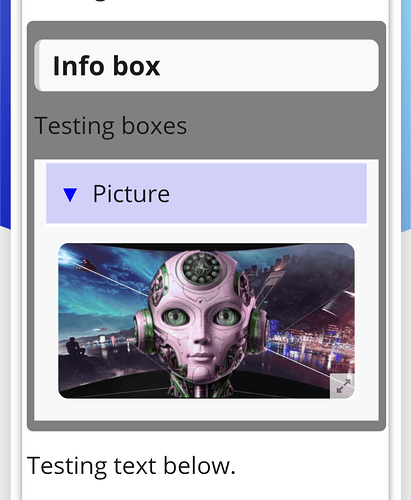 Este é um screenshot de uma interface de usuário mostrando uma caixa de teste rotulada "Picture" com uma cabeça de robô mecânica como imagem abaixo. (Legenda da IA)