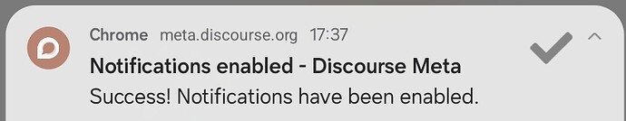 L'immagine mostra una conferma di notifica che dice 'Notifiche abilitate - Discourse Meta. Successo! Le notifiche sono state abilitate.' alle 17:37 che coinvolge Google Chrome dal sito meta.discourse.org. (Sottotitolato dall'IA)