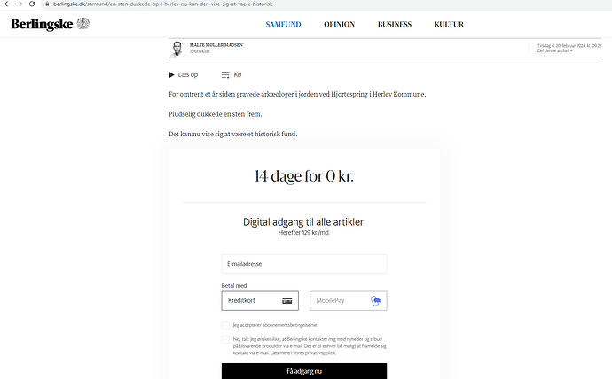 Das Bild zeigt ein Abonnementangebot für den digitalen Zugang zu Artikeln auf der Website der dänischen Zeitung Berlingske, mit einer werblichen Überschrift, die 14 Tage kostenlos anbietet, gefolgt von einem Standard-Monatspreis.