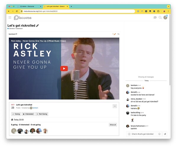 Скриншот форума Discourse с видео на YouTube под названием "Rick Astley - Never Gonna Give You Up" в центре. (Подпись сгенерирована ИИ)