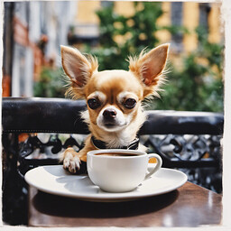 A chihuahua savoring a cup of espresso, eyes closed in delight, seated at a small cafe table