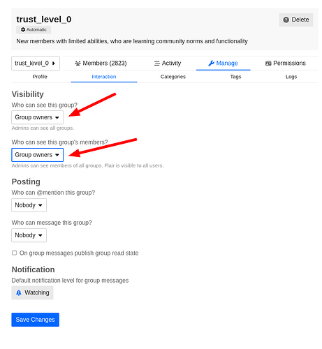The image shows the settings for a group named "trust_level_0" with visibility and posting permissions set to "Group owners" only, and notifications at the "Watching" level. (Captioned by AI)