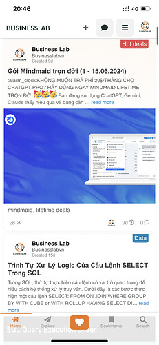 The image shows a mobile phone screen displaying a website called "Business Lab" with information about deals and offers related to software products such as MindMaid and guidance on SQL query optimization. (Captioned by AI)