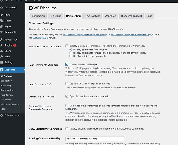 La imagen muestra la página de configuración de WP Discourse dentro de WordPress, detallando varias opciones para configurar estructuras de comentarios y métodos de visualización, incluyendo si mostrar comentarios con Ajax, cargar un archivo CSS y opciones para enlazar y mostrar comentarios de WordPress. (Subtitulado por IA)