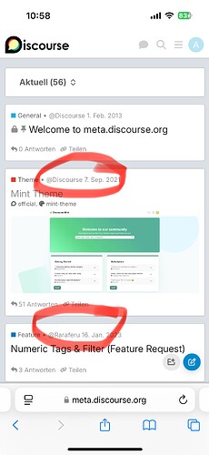 L'immagine mostra uno screenshot del forum meta.discourse.org su un dispositivo mobile, evidenziando l'attività del forum e una discussione sul "Tema Mint" con 51 risposte e una discussione sui "Tag numerici e filtro" con tre risposte. (Etichettato dall'IA)