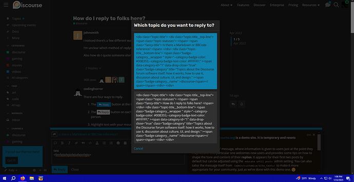 L'immagine mostra un utente che modifica il codice HTML per un argomento Discord all'interno dell'interfaccia utente di Discord, discutendo su come rispondere agli argomenti e su come nascondere o visualizzare un nuovo messaggio di risposta. (Sottotitolato dall'IA)