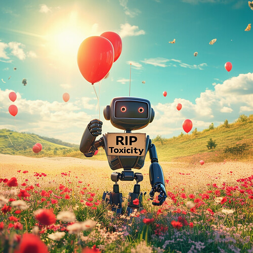 This image features a robot in a scenic outdoor setting, holding a sign that reads "RIP Toxicity." (Captioned by AI)