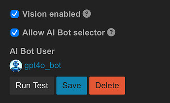 Sure, here is an image description in a single sentence: This image displays a screenshot of an AI Bot User interface, featuring a blue checkmark icon and text indicating that "Vision enabled" and "Allow AI Bot selector" are both active. (Captioned by AI)