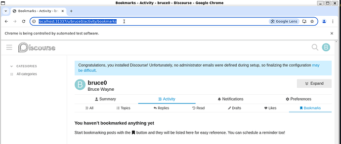 The image is a screenshot of a user named bruce0 browsing the Discourse platform on Google Chrome and viewing their bookmarks page. (Captioned by AI)