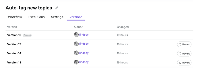 تتيح لك علامة التبويب Versions التراجع عن التغييرات في سير العمل الخاص بك باستخدام زر Revert.